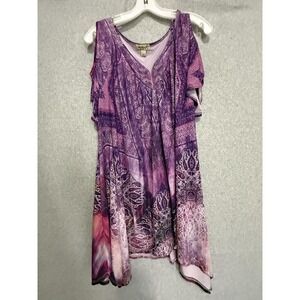 One World Blouse Womens 2X Purple Paisley Rhinestone Cold Shoulder Tunic‎ Top